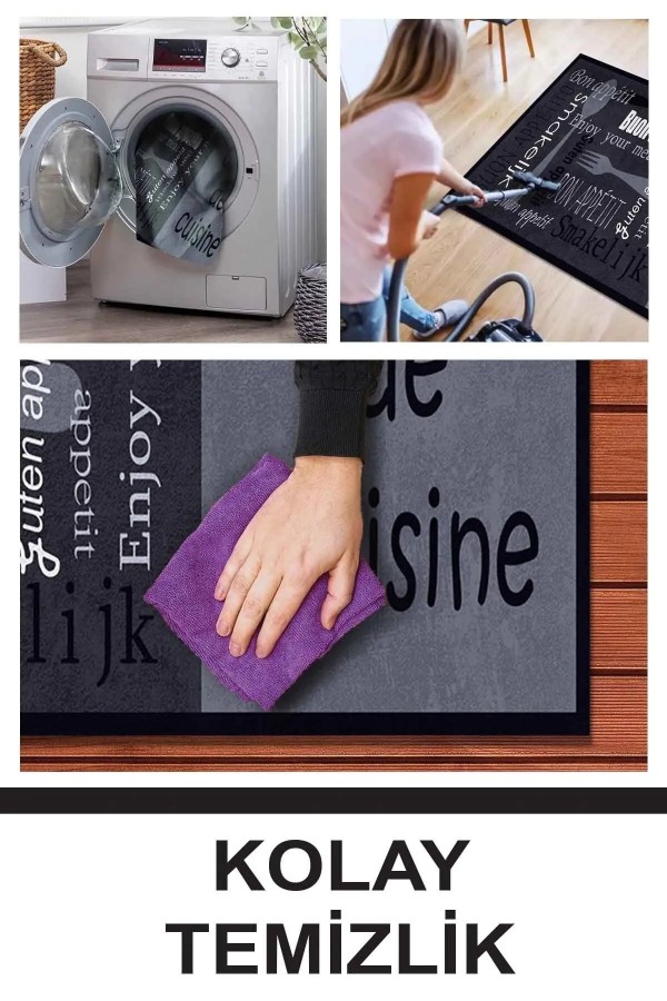 Roods Modern Kadife Desenli Pamuk Tabanlı Yıkanabilen Kaydırmaz Antibakteriyel Mutfak Halısı