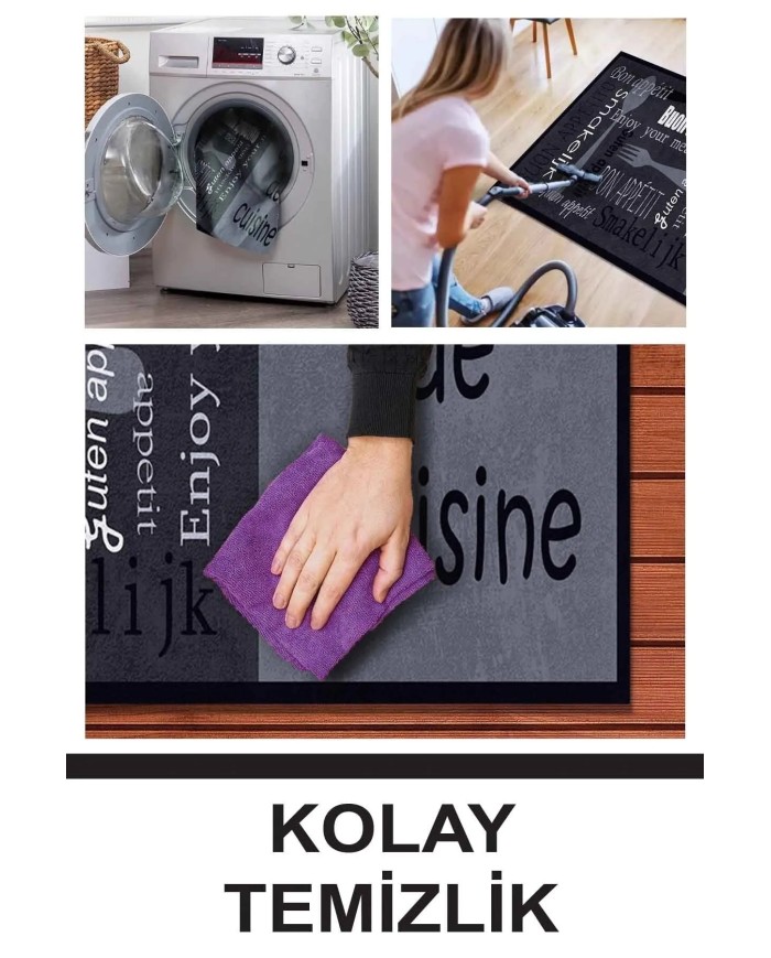 Roods Modern Kadife Desenli Pamuk Tabanlı Yıkanabilen Kaydırmaz Antibakteriyel Mutfak Halısı