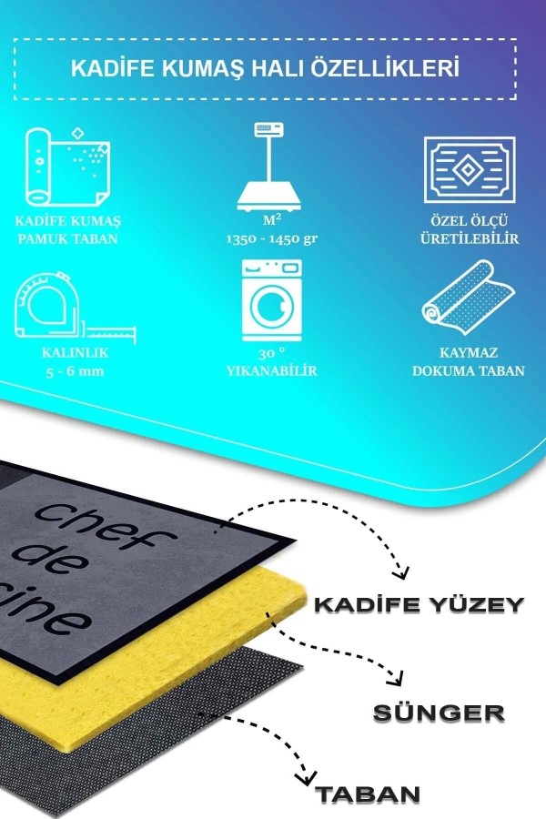 Roods Modern Kadife Desenli Pamuk Tabanlı Yıkanabilen Kaydırmaz Antibakteriyel Mutfak Halısı