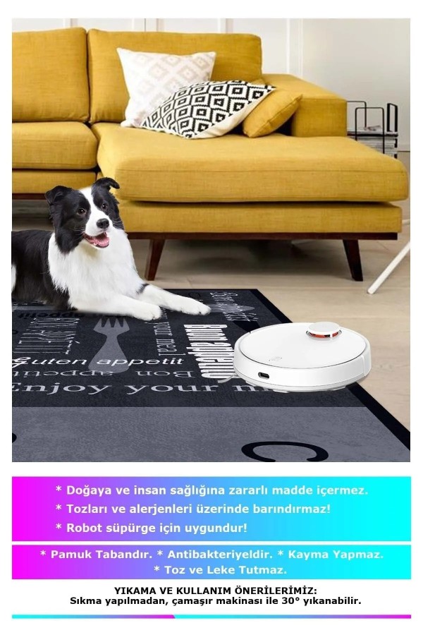 Roods Modern Kadife Desenli Pamuk Tabanlı Yıkanabilen Kaydırmaz Antibakteriyel Mutfak Halısı