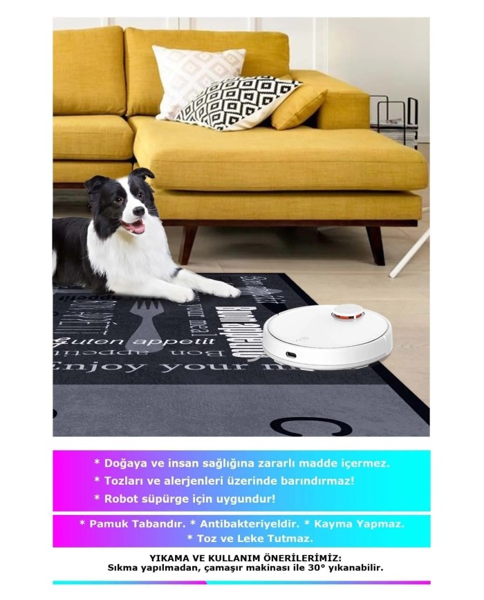 Roods Modern Kadife Desenli Pamuk Tabanlı Yıkanabilen Kaydırmaz Antibakteriyel Mutfak Halısı