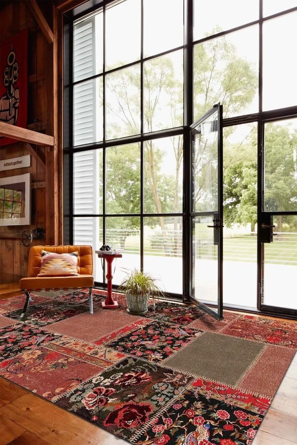 Feran Modern Kadife Patchwork Desenli Pamuk Tabanlı Yıkanabilen Kaymaz Antibakteriyel Salon Halısı