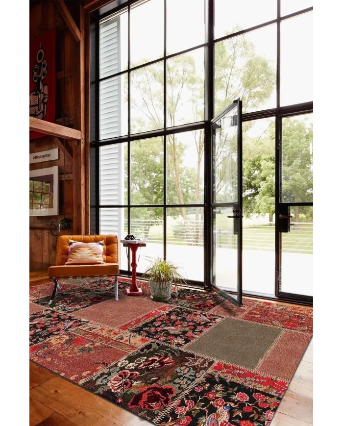 Feran Modern Kadife Patchwork Desenli Pamuk Tabanlı Yıkanabilen Kaymaz Antibakteriyel Salon Halısı