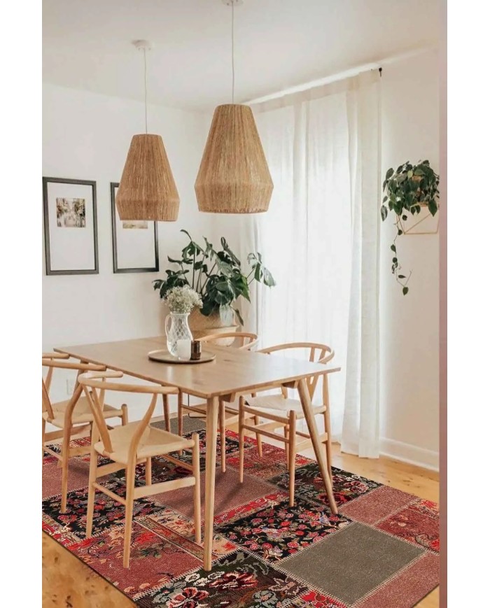 Feran Modern Kadife Patchwork Desenli Pamuk Tabanlı Yıkanabilen Kaymaz Antibakteriyel Salon Halısı