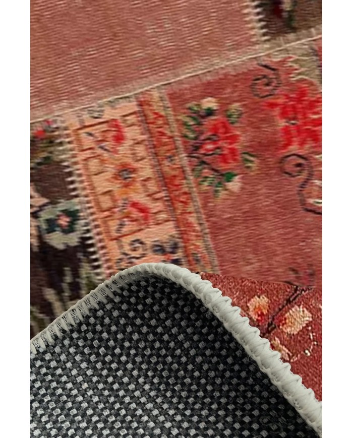 Feran Modern Kadife Patchwork Desenli Pamuk Tabanlı Yıkanabilen Kaymaz Antibakteriyel Salon Halısı