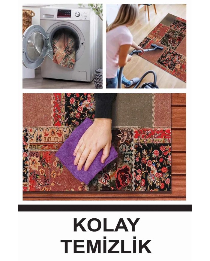 Feran Modern Kadife Patchwork Desenli Pamuk Tabanlı Yıkanabilen Kaymaz Antibakteriyel Salon Halısı
