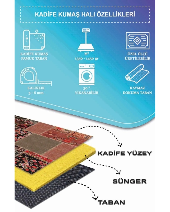 Feran Modern Kadife Patchwork Desenli Pamuk Tabanlı Yıkanabilen Kaymaz Antibakteriyel Salon Halısı