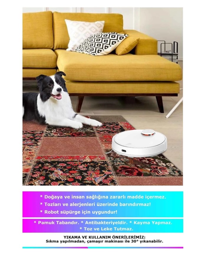 Feran Modern Kadife Patchwork Desenli Pamuk Tabanlı Yıkanabilen Kaymaz Antibakteriyel Salon Halısı