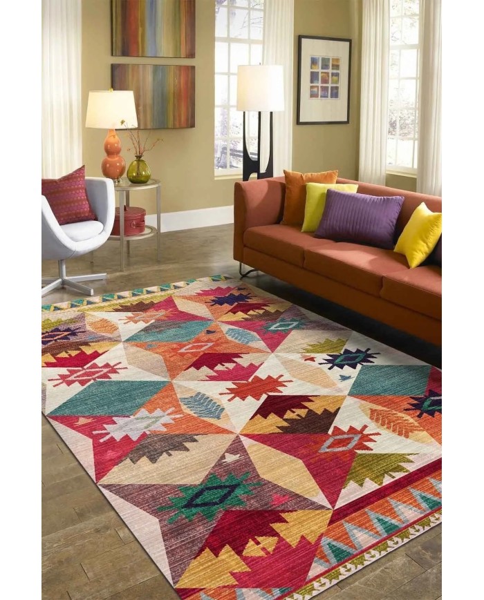 Rhodo Modern Desenli Kadife Pamuk Yıkanabilen Kaydırmaz Antibakteriyel Salon Halısı