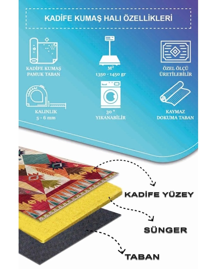 Rhodo Modern Desenli Kadife Pamuk Yıkanabilen Kaydırmaz Antibakteriyel Salon Halısı