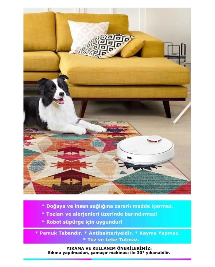 Rhodo Modern Desenli Kadife Pamuk Yıkanabilen Kaydırmaz Antibakteriyel Salon Halısı