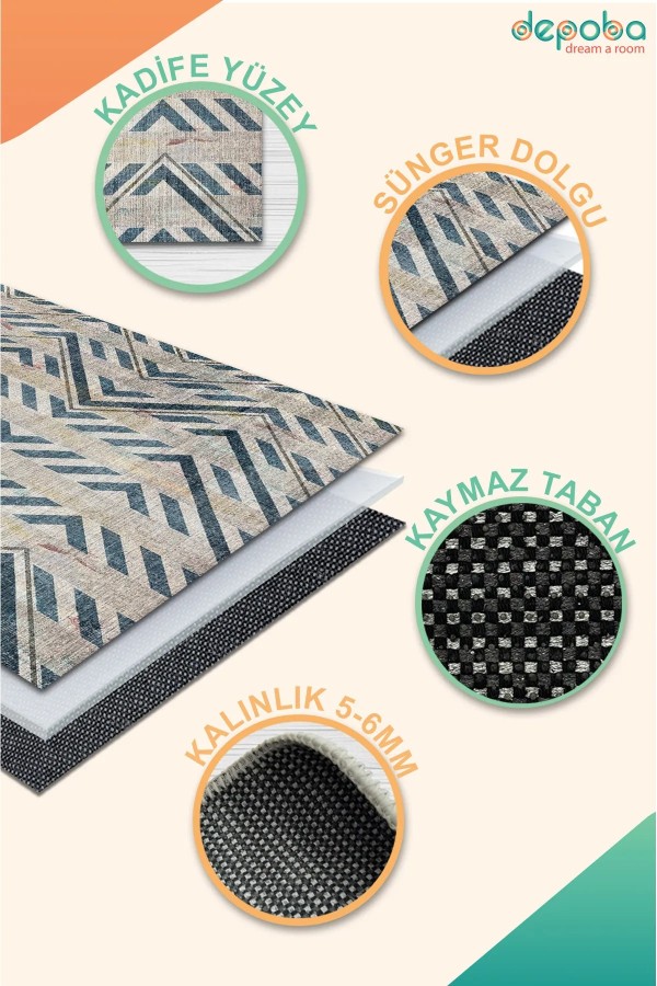 Anya Modern Kadife Modern Pamuk Tabanlı Yıkanabilen Kaydırmaz Antibakteriyel Salon Halısı