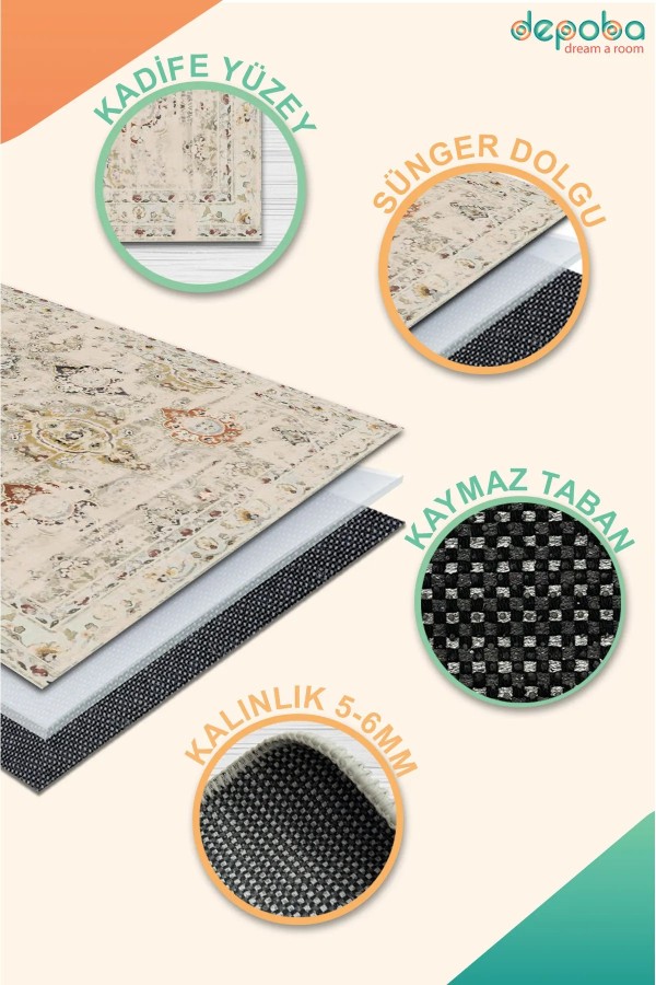 Jety Modern Kadife Pamuk Tabanlı Yıkanabilen Kaydırmaz Antibakteriyel Salon Halısı