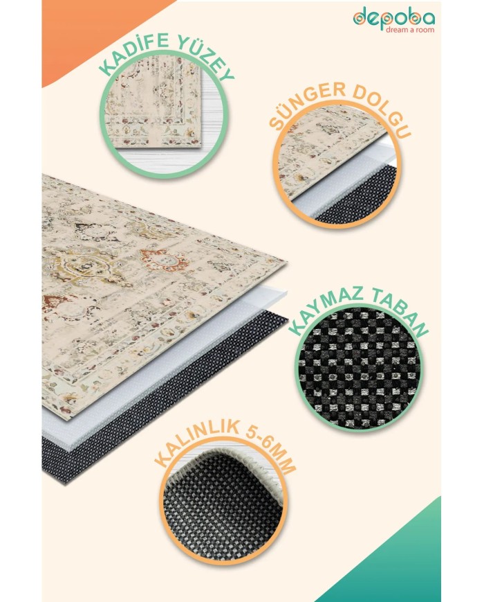 Jety Modern Kadife Pamuk Tabanlı Yıkanabilen Kaydırmaz Antibakteriyel Salon Halısı