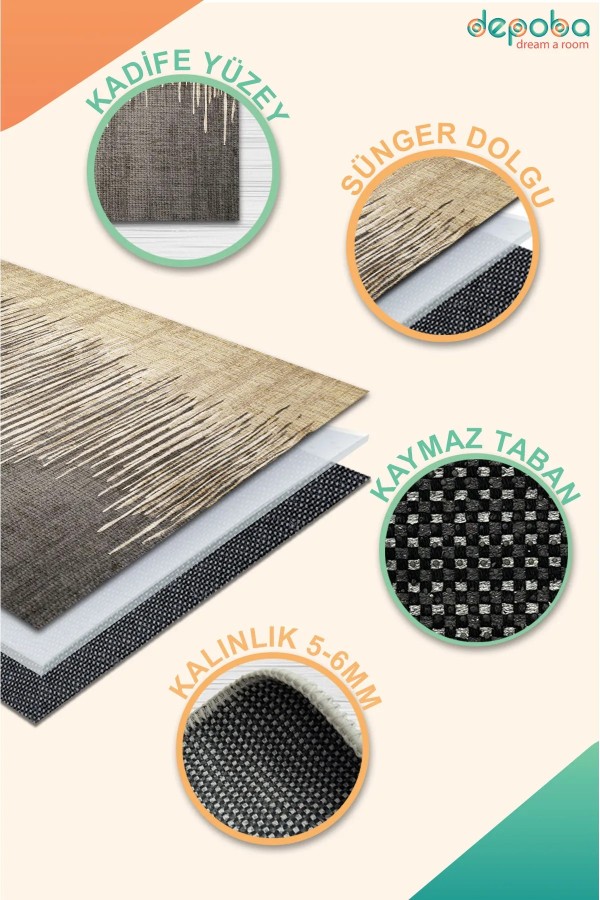 Borin Modern Kadife Desenli Pamuk Tabanlı Yıkanabilen Kaydırmaz Antibakteriyel Salon Halısı