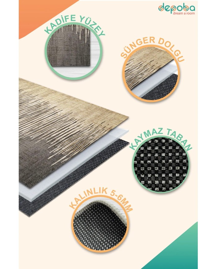 Borin Modern Kadife Desenli Pamuk Tabanlı Yıkanabilen Kaydırmaz Antibakteriyel Salon Halısı