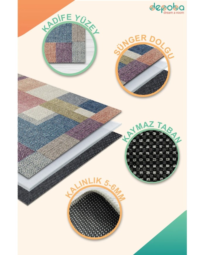 Anika Patchwork Kadife Pamuk Tabanlı Yıkanabilen Kaymaz Antibakteriyel Salon Halısı