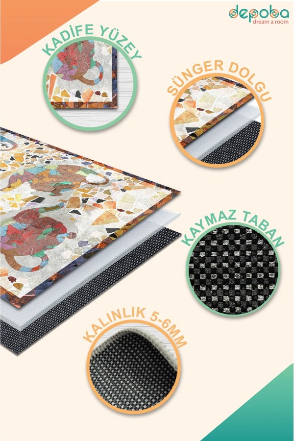 Omari Modern Kadife Pamuk Tabanlı Yıkanabilen Kaydırmaz Antibakteriyel Mutfak Halısı