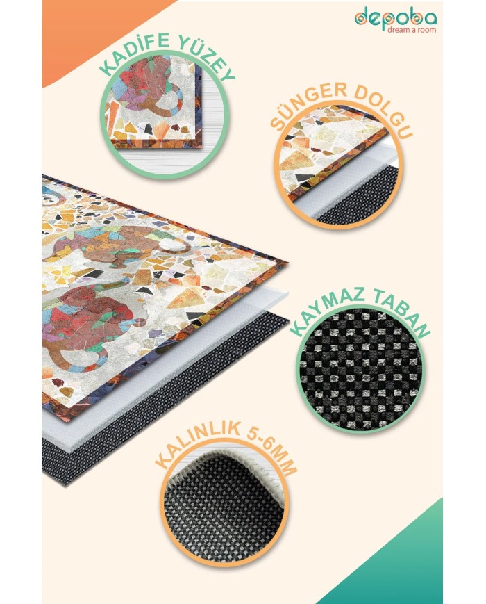 Omari Modern Kadife Pamuk Tabanlı Yıkanabilen Kaydırmaz Antibakteriyel Mutfak Halısı