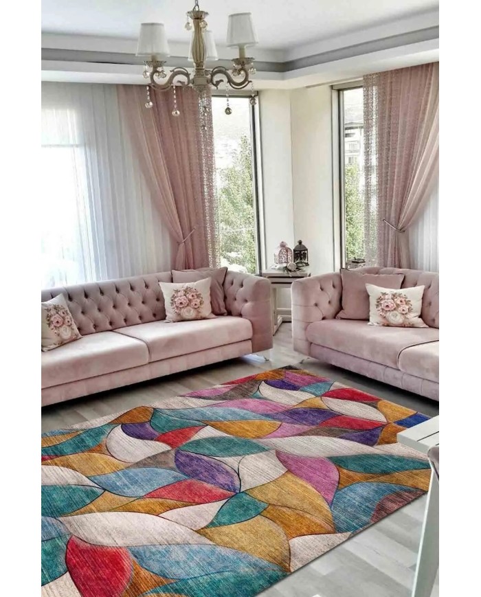 Duena Modern Kadife Pamuk Taban Kaymaz Yıkanabilen Antibakteriyel Salon Halısı