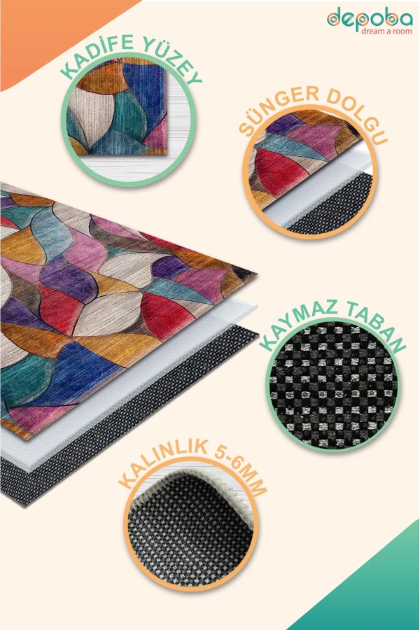 Duena Modern Kadife Pamuk Taban Kaymaz Yıkanabilen Antibakteriyel Salon Halısı