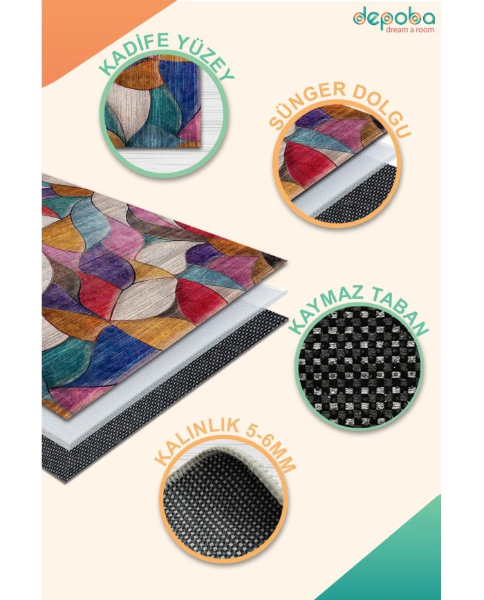 Duena Modern Kadife Pamuk Taban Kaymaz Yıkanabilen Antibakteriyel Salon Halısı