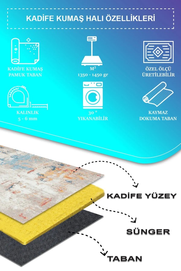 Laray Modern Kadife Desenli Pamuk Tabanlı Yıkanabilen Kaydırmaz Antibakteriyel Salon Halısı