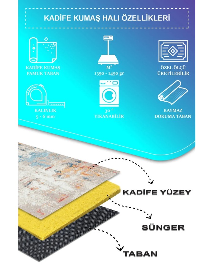 Laray Modern Kadife Desenli Pamuk Tabanlı Yıkanabilen Kaydırmaz Antibakteriyel Salon Halısı