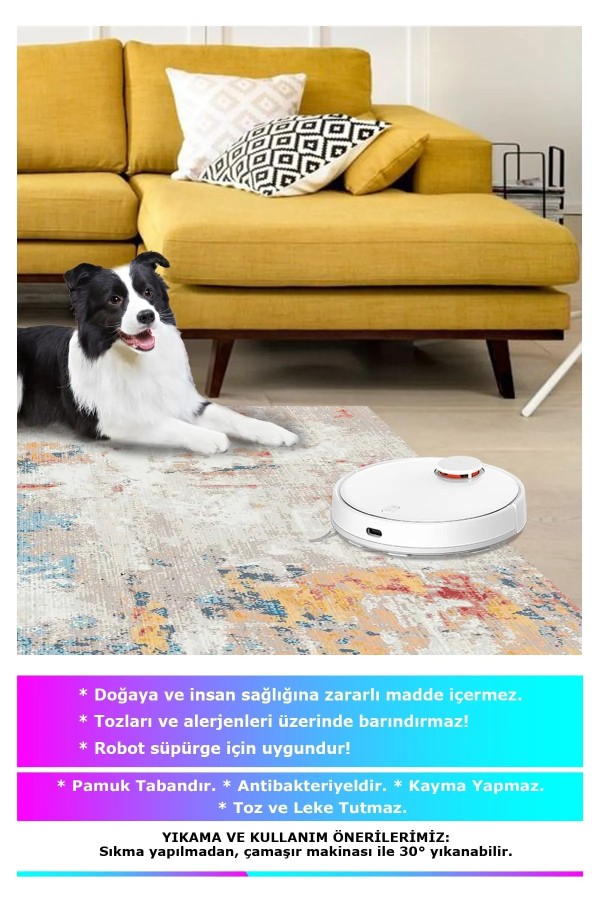 Laray Modern Kadife Desenli Pamuk Tabanlı Yıkanabilen Kaydırmaz Antibakteriyel Salon Halısı