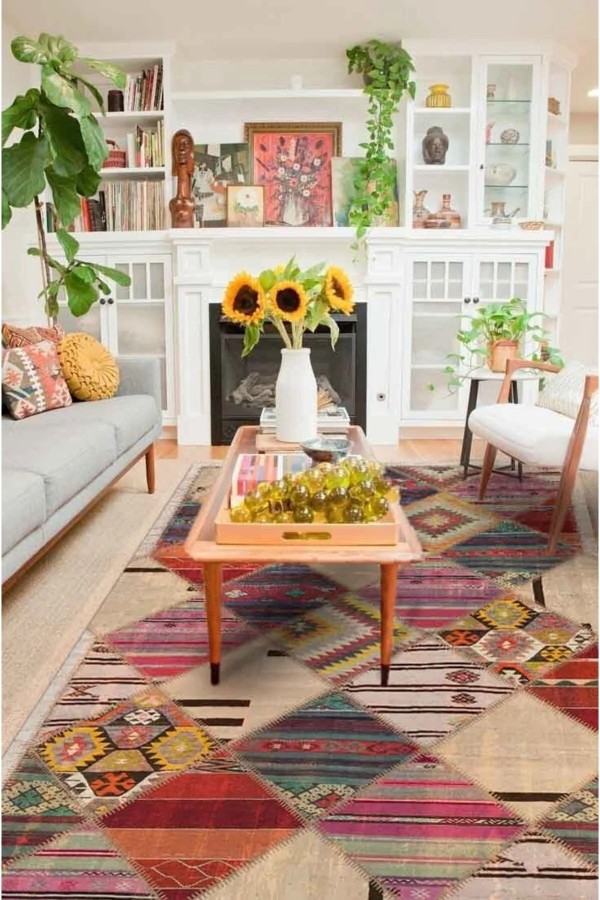 Hoya Patchwork Desenli Kadife Pamuk Tabanlı Yıkanabilen Kaydırmaz Antibakteriyel Salon Halısı