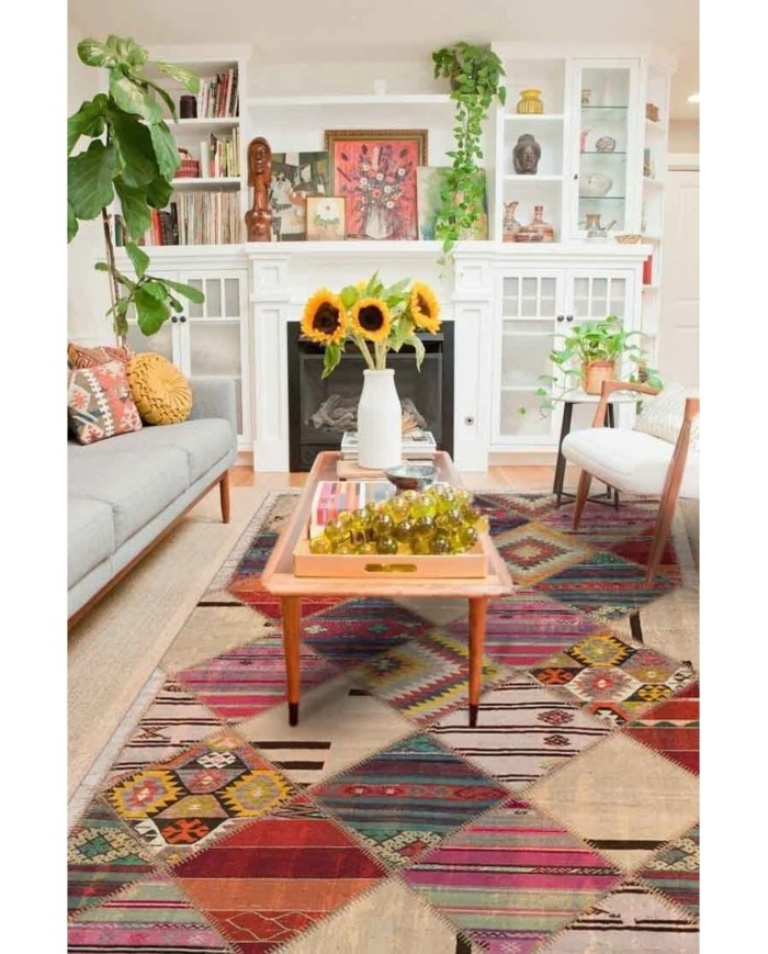 Hoya Patchwork Desenli Kadife Pamuk Tabanlı Yıkanabilen Kaydırmaz Antibakteriyel Salon Halısı