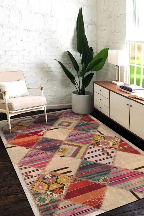 Hoya Patchwork Desenli Kadife Pamuk Tabanlı Yıkanabilen Kaydırmaz Antibakteriyel Salon Halısı