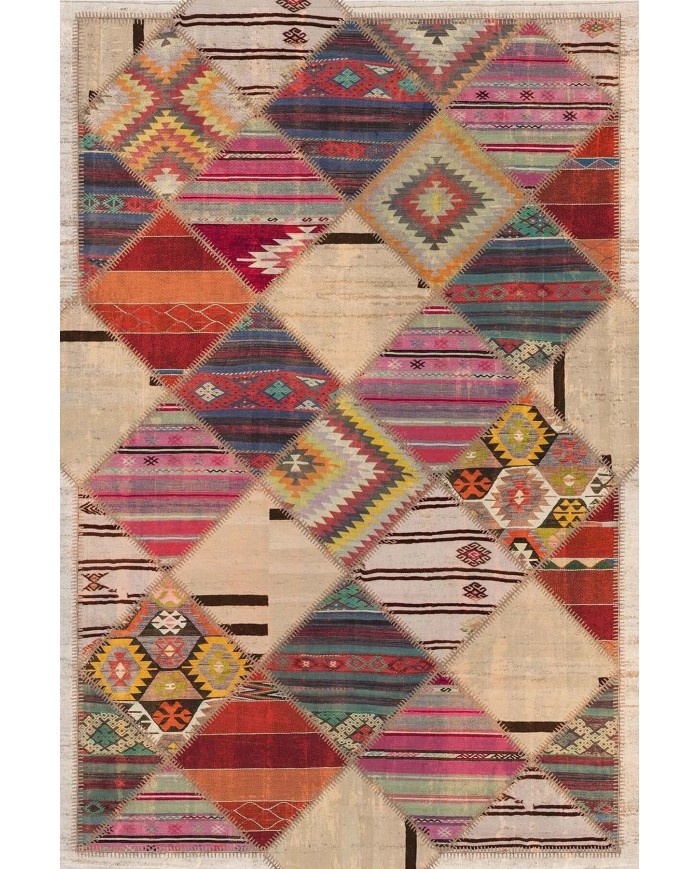 Hoya Patchwork Desenli Kadife Pamuk Tabanlı Yıkanabilen Kaydırmaz Antibakteriyel Salon Halısı