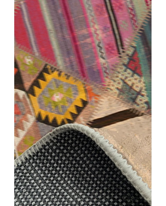 Hoya Patchwork Desenli Kadife Pamuk Tabanlı Yıkanabilen Kaydırmaz Antibakteriyel Salon Halısı
