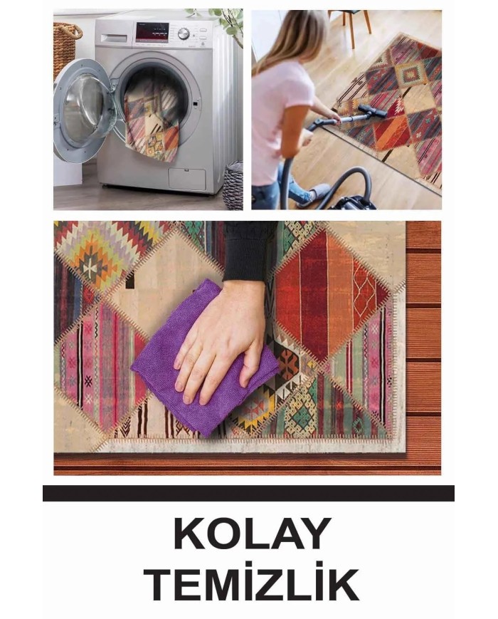 Hoya Patchwork Desenli Kadife Pamuk Tabanlı Yıkanabilen Kaydırmaz Antibakteriyel Salon Halısı