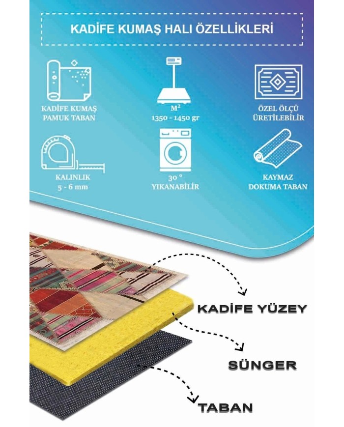 Hoya Patchwork Desenli Kadife Pamuk Tabanlı Yıkanabilen Kaydırmaz Antibakteriyel Salon Halısı