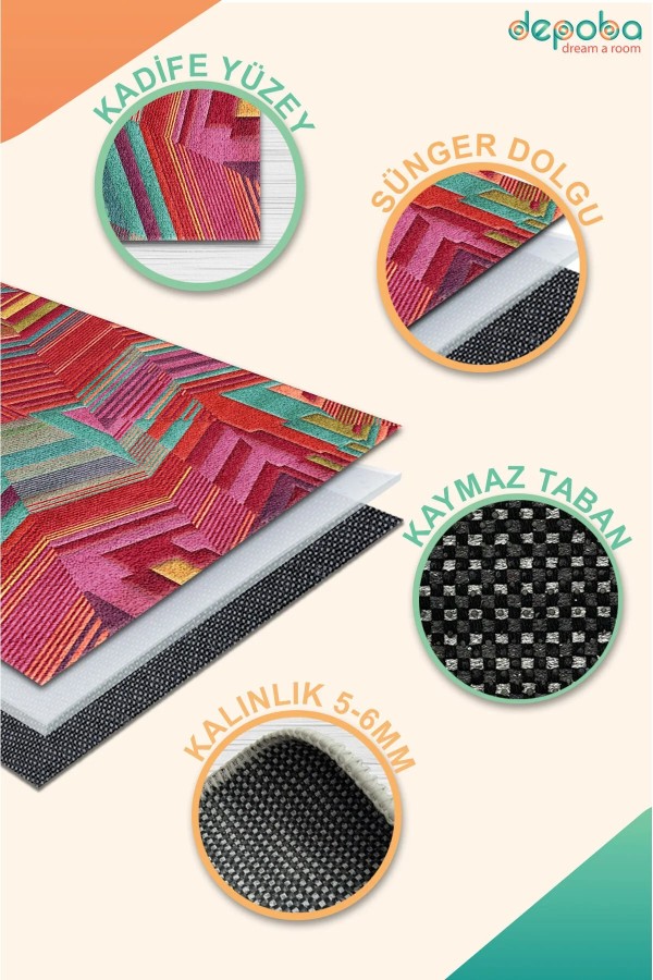 Aubrees Dekoratif Özel Tasarım Kadife Pamuk Taban Kaydırmaz Yıkanabilen Antibakteriyel Salon Halısı