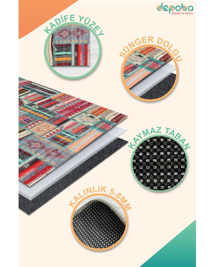 Brandi Kadife Modern Desenli Pamuk Taban Yıkanabilen Antibakteriyel Salon Halısı