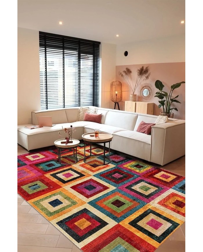 Amber Kadife Modern Desenli Pamuk Tabanlı Yıkanabilen Kaymaz Antibakteriyel Salon Halısı