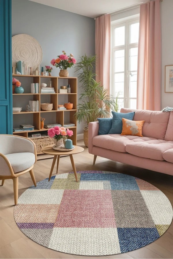 Anika Pamuk Tabanlı Yıkanabilen Kaydırmaz Antibakteriyel Kadife Yuvarlak Salon Halısı