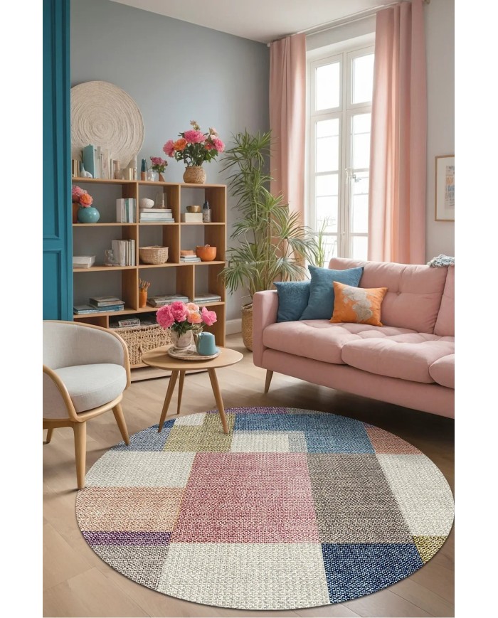 Anika Pamuk Tabanlı Yıkanabilen Kaydırmaz Antibakteriyel Kadife Yuvarlak Salon Halısı