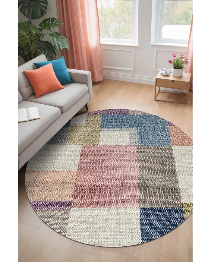 Anika Pamuk Tabanlı Yıkanabilen Kaydırmaz Antibakteriyel Kadife Yuvarlak Salon Halısı