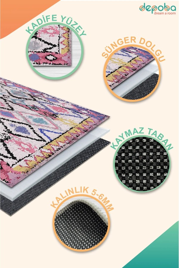 Cora Kadife Dekoratif Özel Tasarım Pamuk Taban Kaydırmaz Yıkanabilen Antibakteriyel Salon Halısı