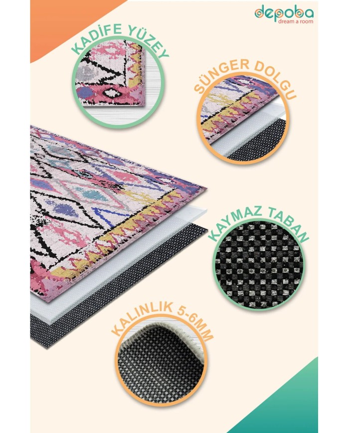 Cora Kadife Dekoratif Özel Tasarım Pamuk Taban Kaydırmaz Yıkanabilen Antibakteriyel Salon Halısı