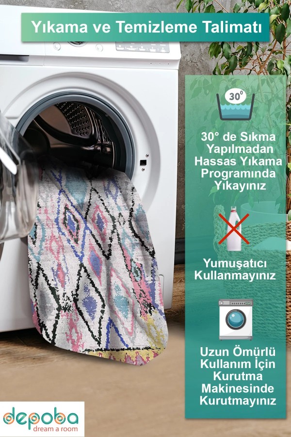 Cora Kadife Dekoratif Özel Tasarım Pamuk Taban Kaydırmaz Yıkanabilen Antibakteriyel Salon Halısı