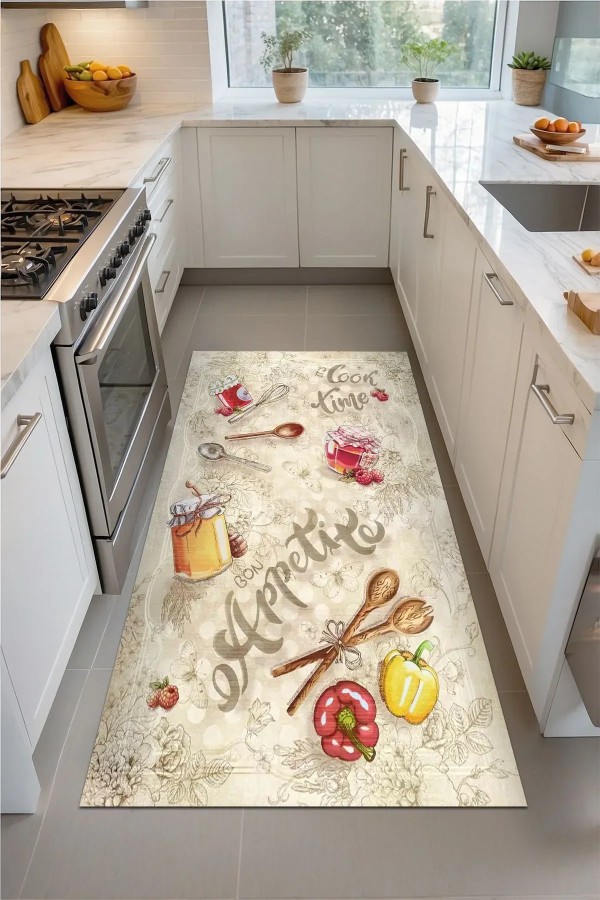 Rute Şönil Doğal Pamuk Tabanlı Mutfak Halısı Kaymaz Antibakteriyel Yıkanabilir Çevre Dostu
