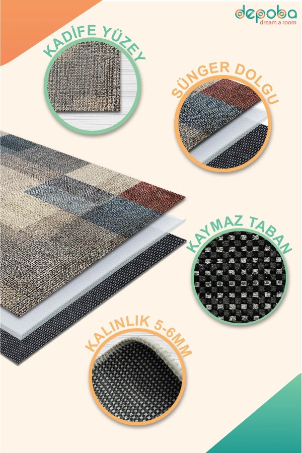 Apelia Kadife Desenli Pamuk Tabanlı Yıkanabilen Kaydırmaz Antibakteriyel Salon Halısı