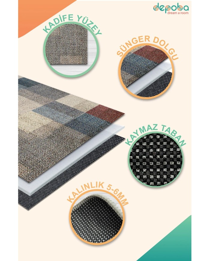 Apelia Kadife Desenli Pamuk Tabanlı Yıkanabilen Kaydırmaz Antibakteriyel Salon Halısı