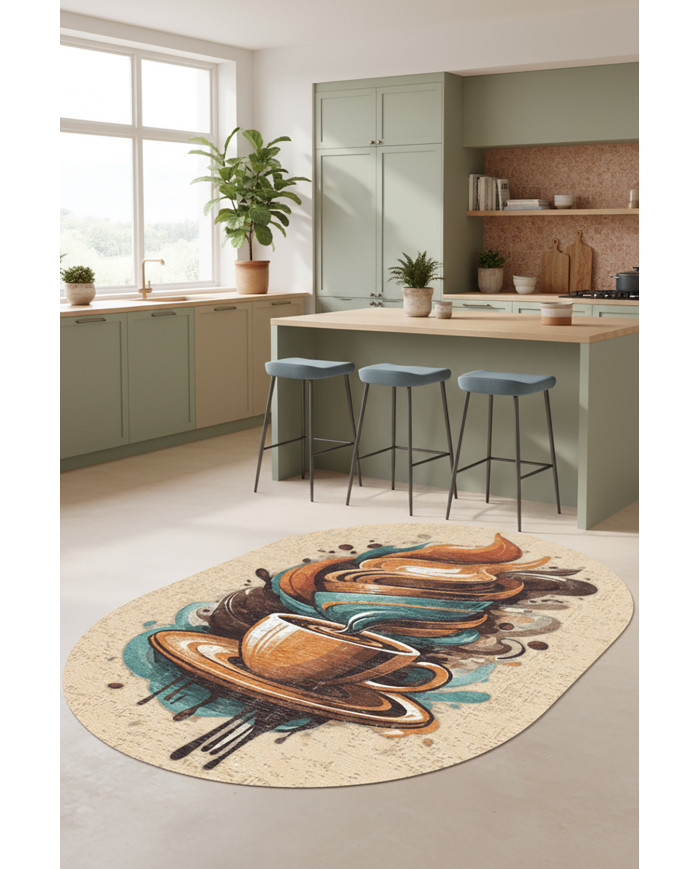 Alese Kadife Yıkanabilir Kaymaz Pamuk Tabanlı Oval Mutfak Halısı