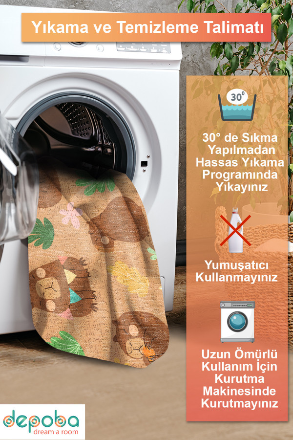 Kapibo Şönil Yıkanabilir Antibakteriyel Kaymaz Pamuk Tabanlı Çocuk Halısı